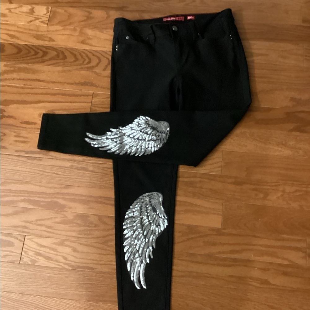 Black Jeans with Silver Wing Design